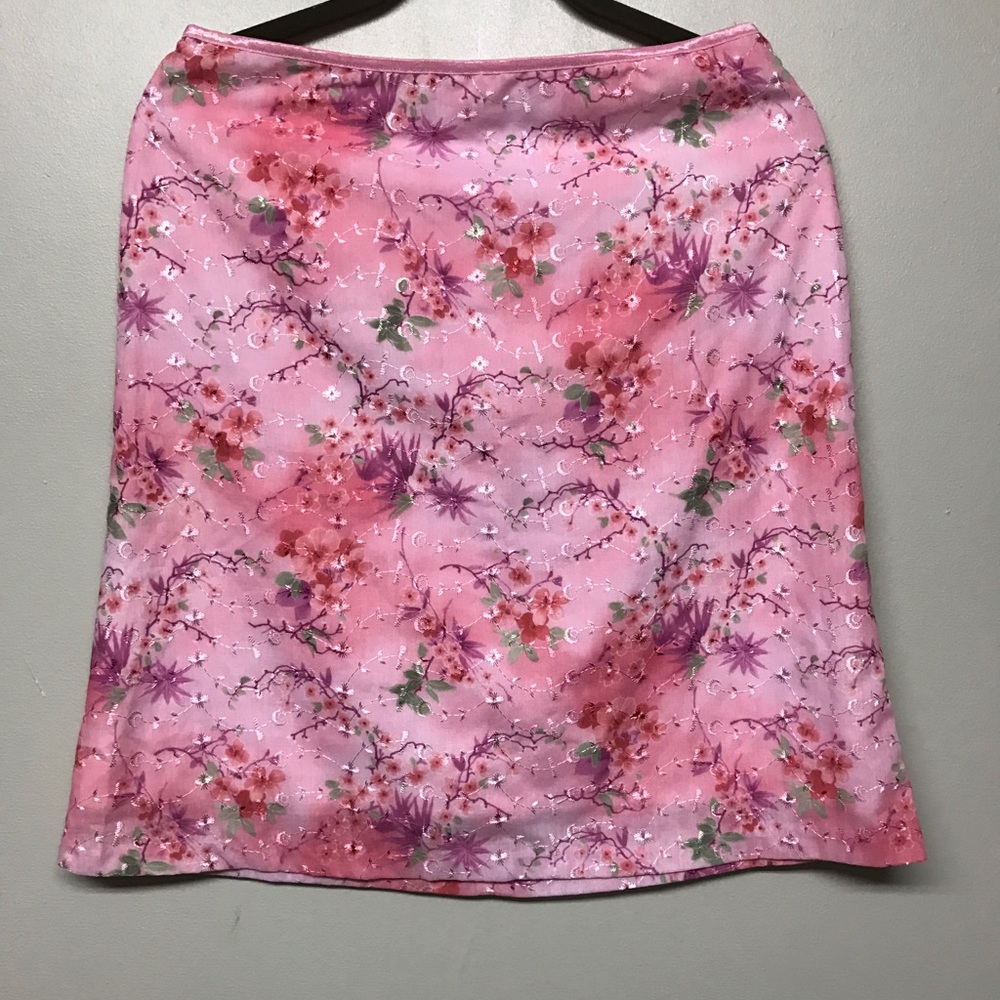 Pink floral skirt.